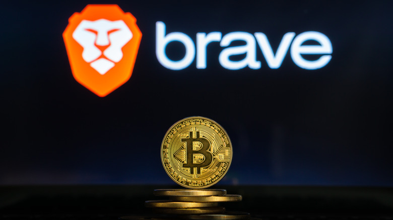 Brave Browser logo in background, with Bitcoin in front