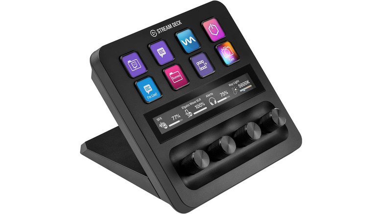 An Elgato Stream Deck and audio mixer on a white background