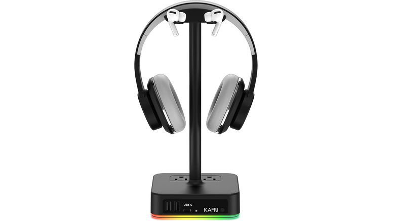 A headphone stand on a white background