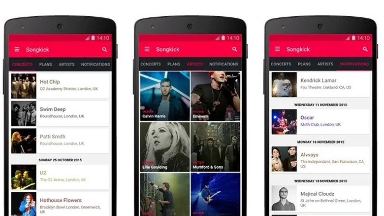 three android phones showing songkick app