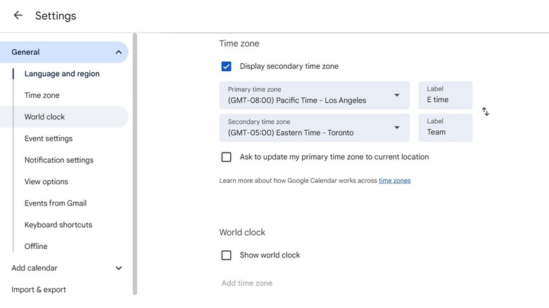 Screenshot of Google Calendar time zone settings