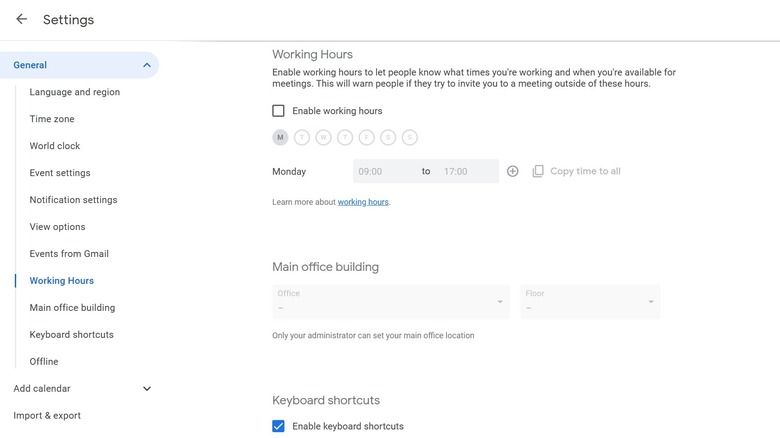 Screengrab of Working Hours setting on Google Calendar