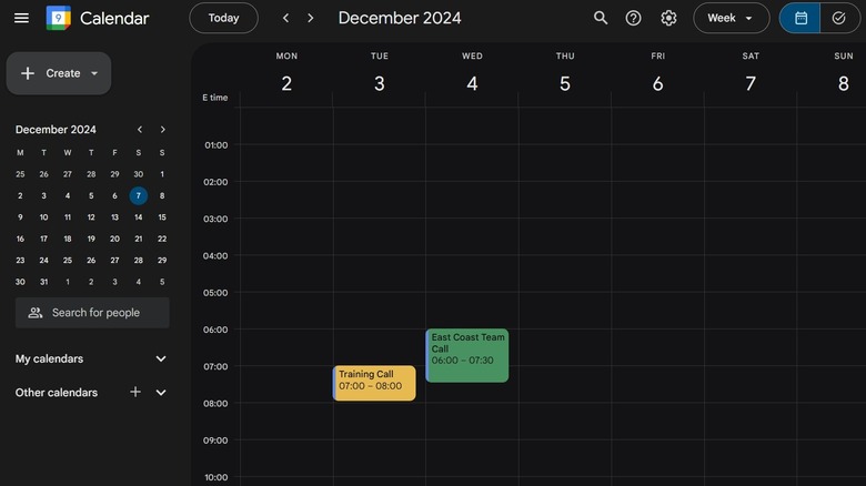 Screengrab of Google Calendar in Dark mode