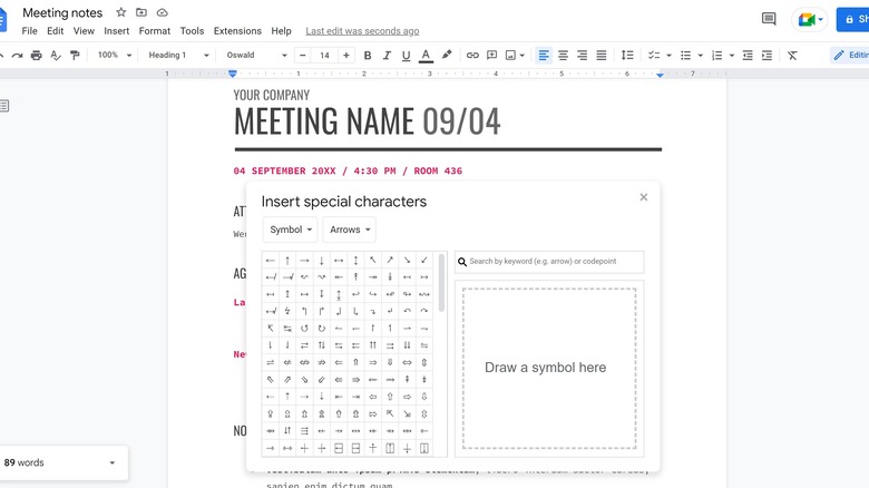 Google Docs special characters menu