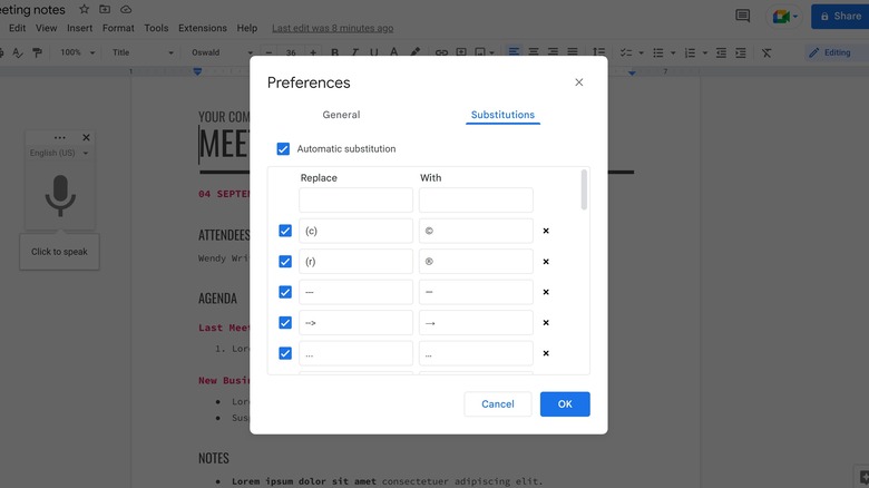 Google Docs preferences and substitutions