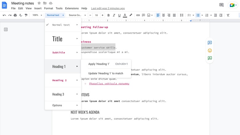 Google Docs headings menu