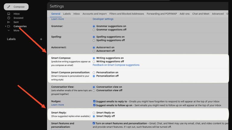 Gmail smart compose settings