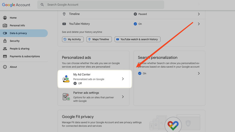 Personalized ads Google account settings