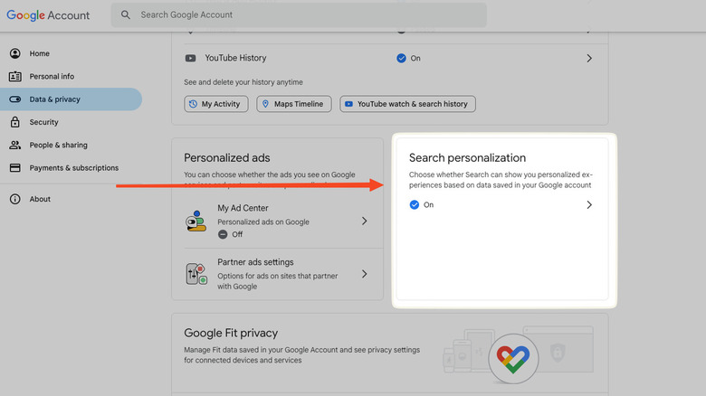 Search personalization Google account settings