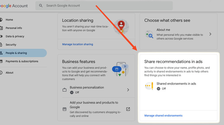 Shared endorsements Google account settings