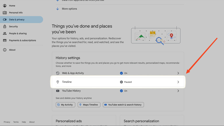 Google account page timeline setting