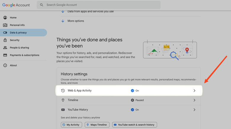 Activity settings in Google account