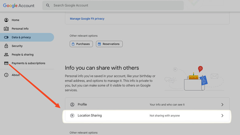 Location sharing Google account settings