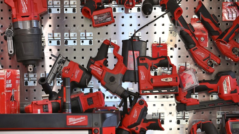 a rack of Milwaukee tools on display