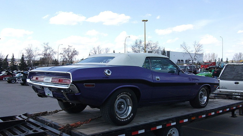 Purple Dodge Challenger on a trailer