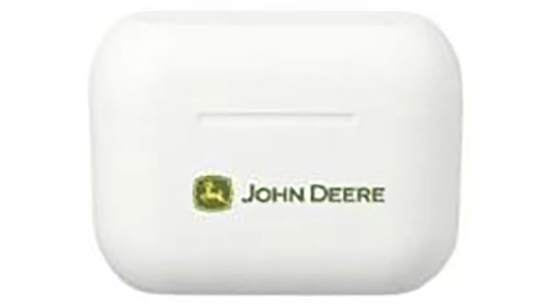 John Deere Pro Wireless Earbuds charging case on white background.