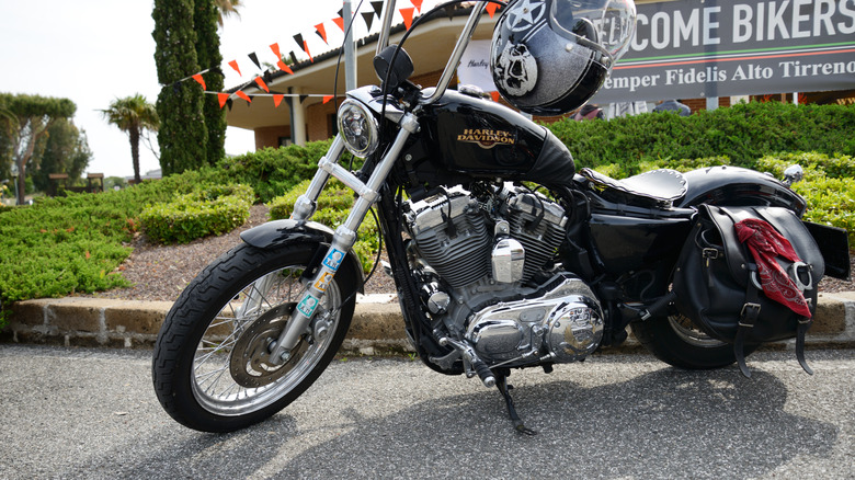 a Harley parked on the street