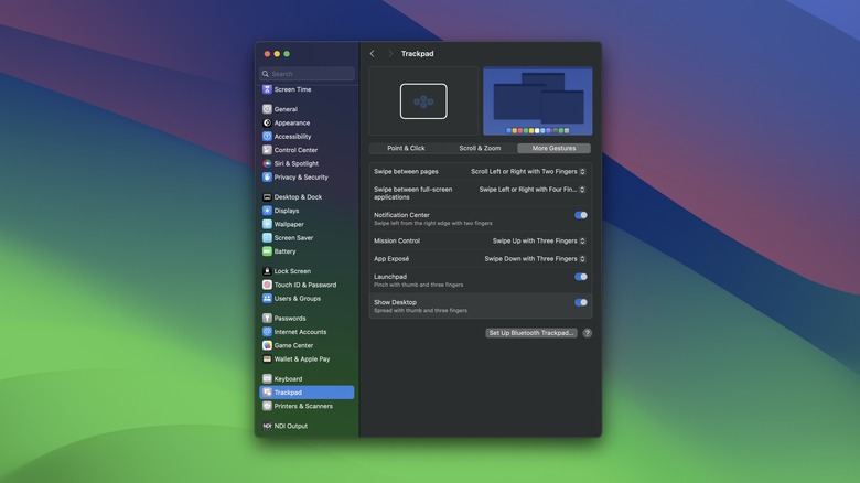macOS System Settings showing trackpad gestures. 