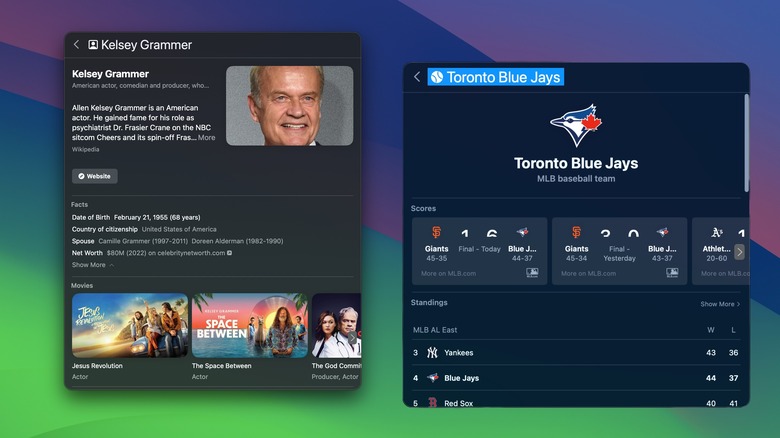 macOS Spotlight results showing celebrity and sports team lookups.
