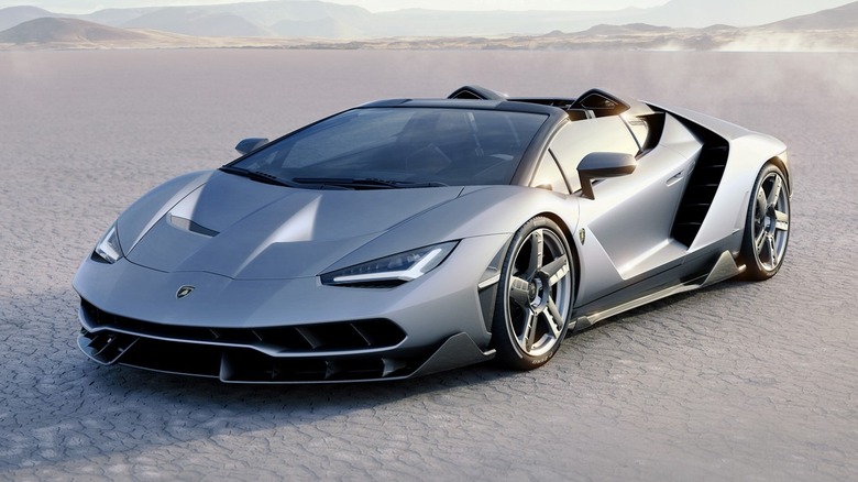 A grey Lamborghini Centenario Roadster in the desert