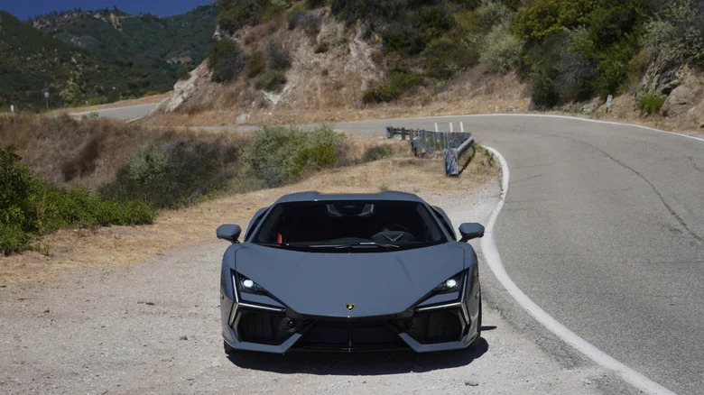 Front view of a 2024 Lamborghini Revuelto on the roadside