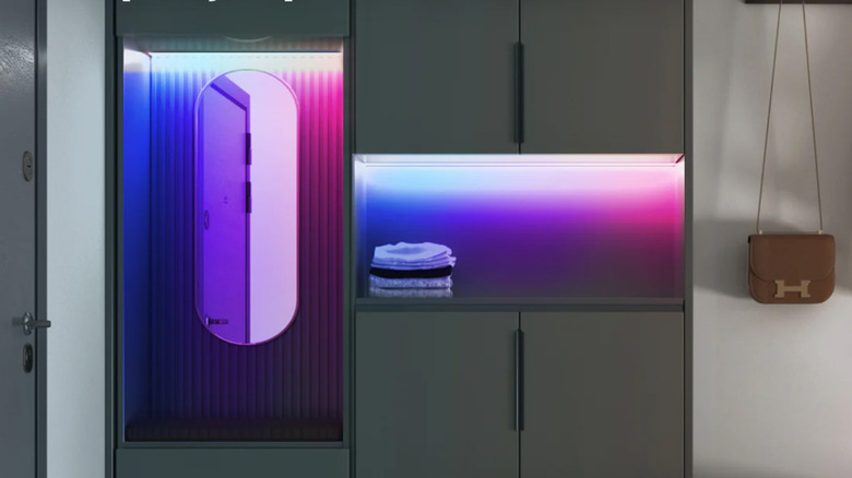 Two Wyze lightstrips in cubbies showing blue and red light