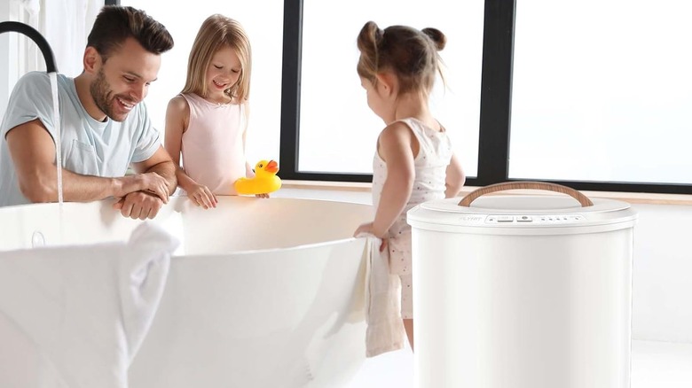 Family using towel heater