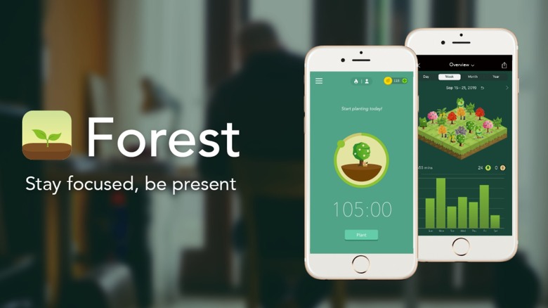 Screenshot of the Forest app website homepage showing the app on smartphones