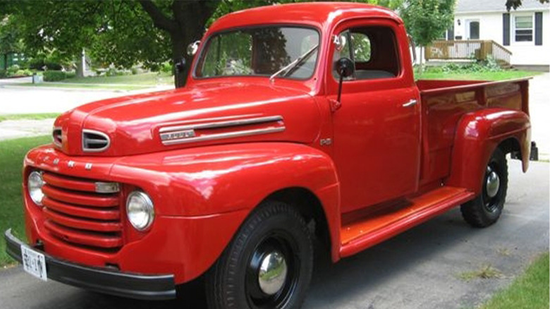 A red 1948 Ford F-Series truck