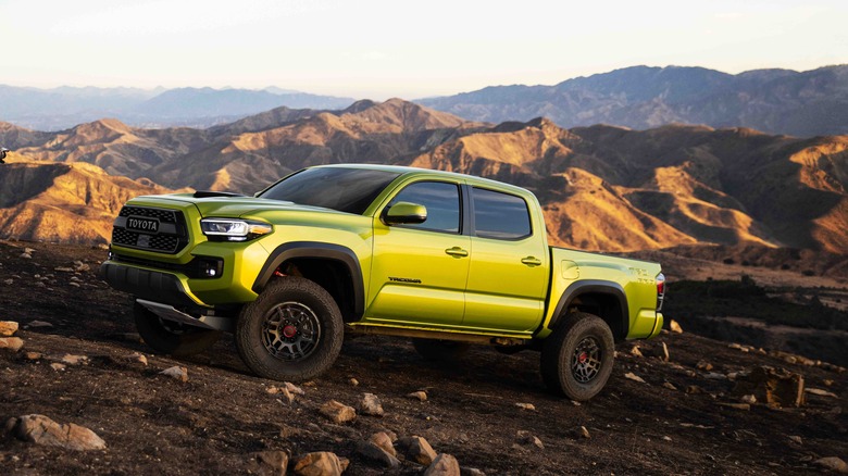 Lime Greem 2022 Toyota Tacoma TRD Pro on a rocky trail