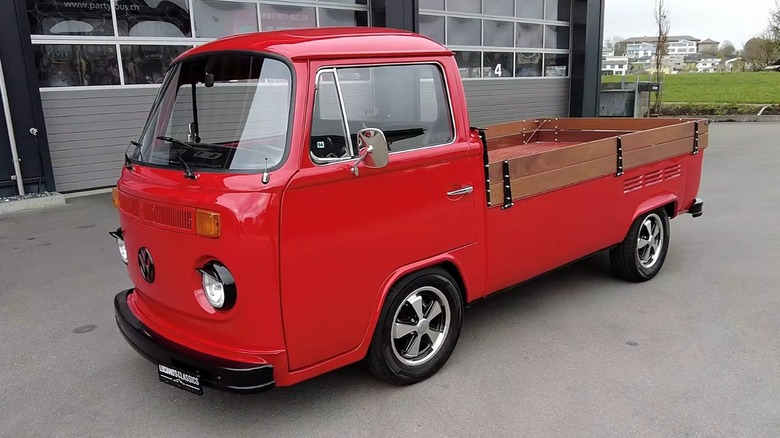 Red Volkswagen Transporter T2 pickup parked