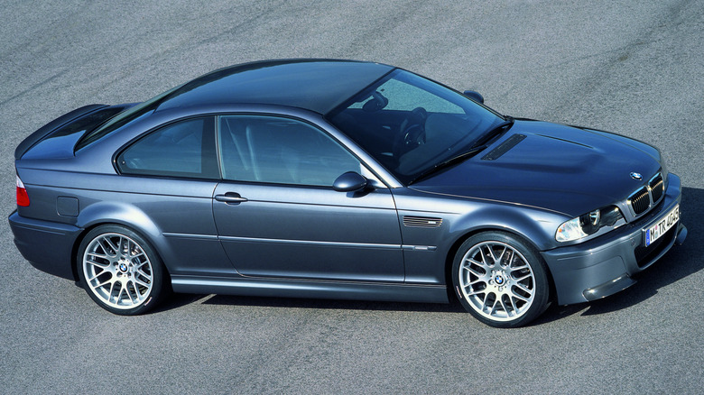 BMW E46 M3 coupe photographed from above front 3/4 view