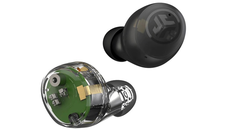 JLab hearing aids close-up with black covering and internal