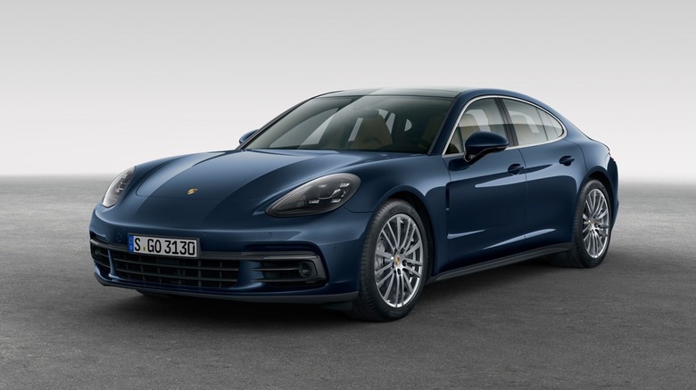 Blue 2020 Porsche Panamera front 3/4