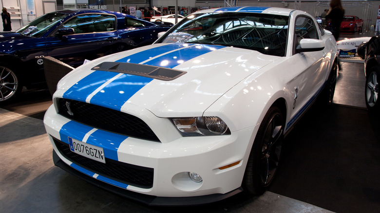 A white 2010 Shelby GT500 with blue racing stripes