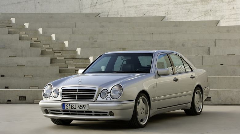 First-gen Mercedes-Benz E55 AMG in front of stairs