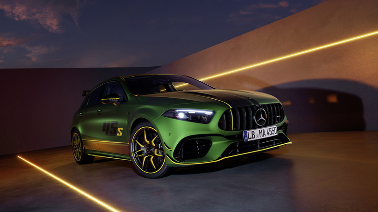 Green 2024 Mercedes-AMG A45 S front 3/4 view