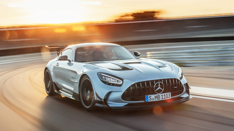 2020 Mercedes-AMG GT Black Series cornering on track at speed