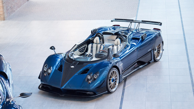 Blue Pagani Zonda Barchetta roadster photographed from above