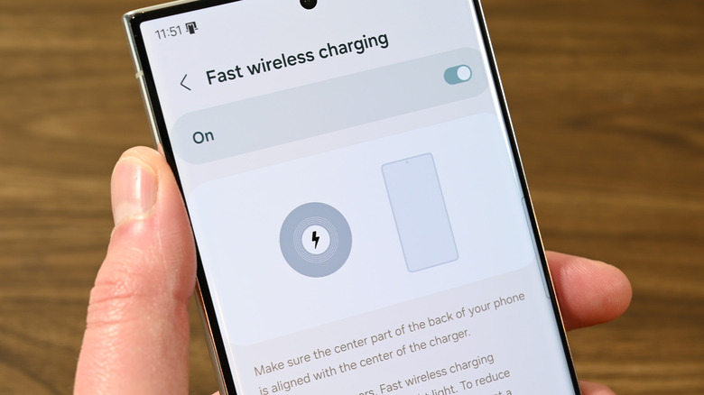 A Samsung Galaxy S23 Ultra showing fast wireless charging