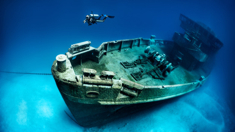 scuba diver swimming above a shipwreck
