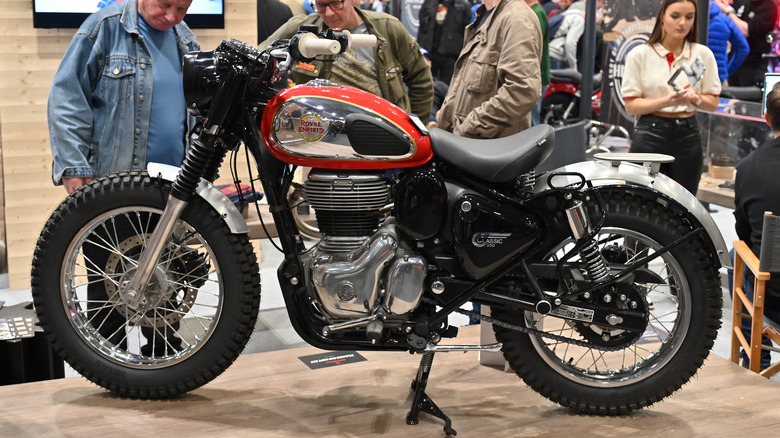 Royal Enfield Classic 350 motorcycle in a showroom