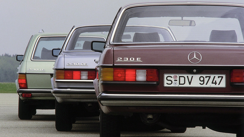 Mercedes-Benz W123 Generation 230 E and 230 C sedans, and 230 TE wagon pictured from behind