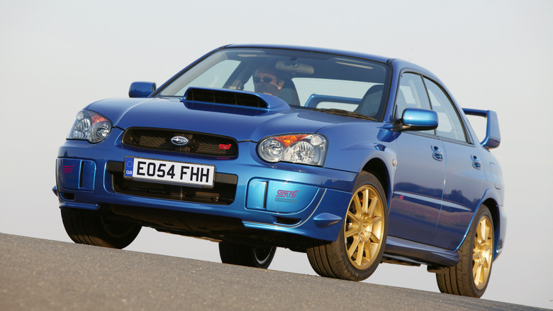 Blue 2005 Subaru Impreza WRX STi front 3/4 view