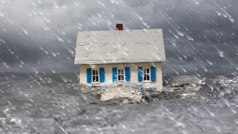 house figurine in the rain and rising water