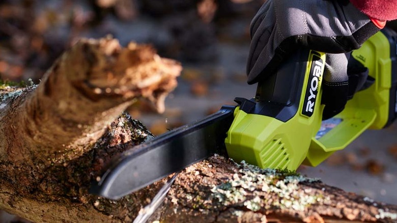 Ryobi chainsaw used to cut wood