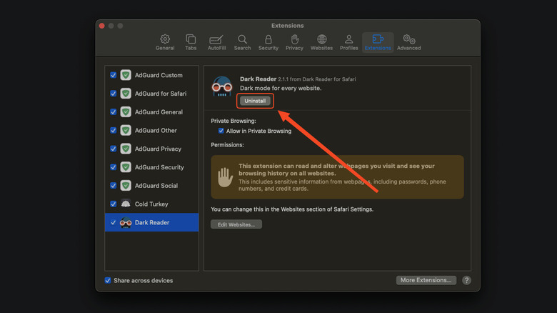 Uninstalling extensions in Safari