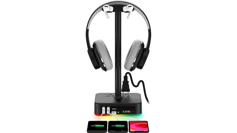 A Kafri Headphone Stand with headphones on it