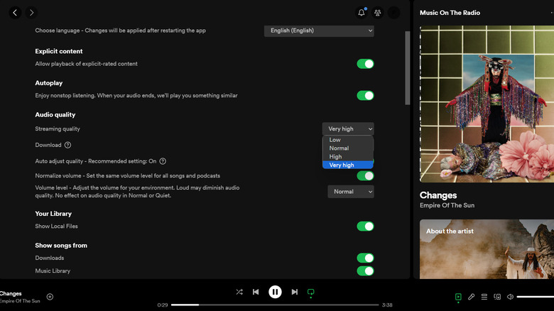 Spotify settings screen with audio quality options