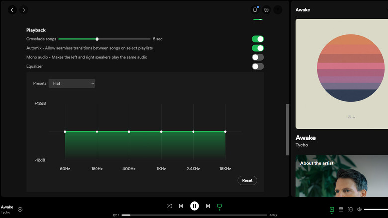 Spotify settings screen with playback options